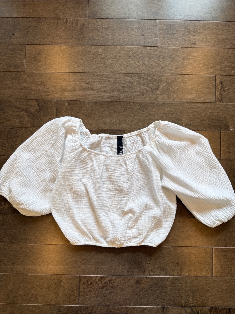 bobi White Textured Off-Shoulder Puff-Sleeve Crop Top